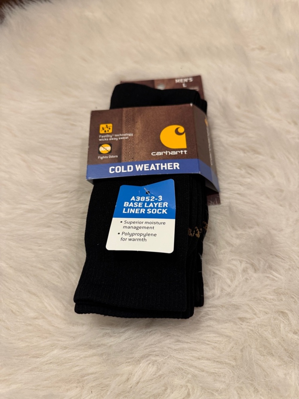 Carhartt Men's Black Cold Weather Liner Socks A-3852-3 Size L NWT.